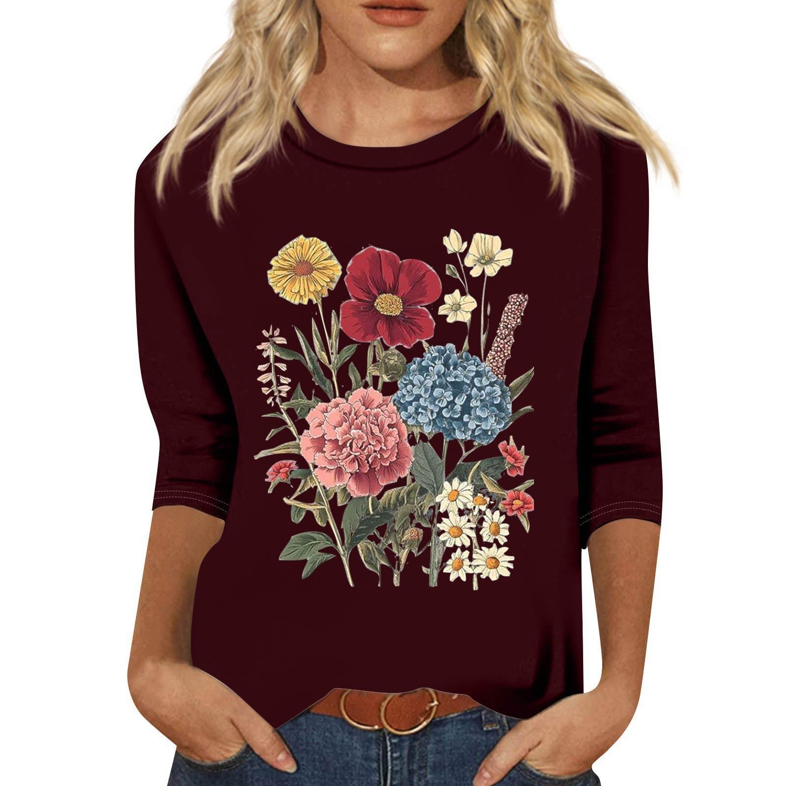 

Women s Fashion Loose Casual Seven 3/4 Sleeve Printed Round Neck Pullover Top XXL винний