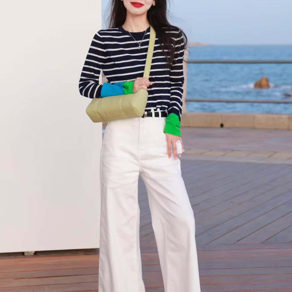 Thickened Skin-Friendly Age-Reducing Colorblock Cuffs Striped Knit Sweater - Xiaohongshu Style Long-Sleeve Base Layer for Autumn/Winter