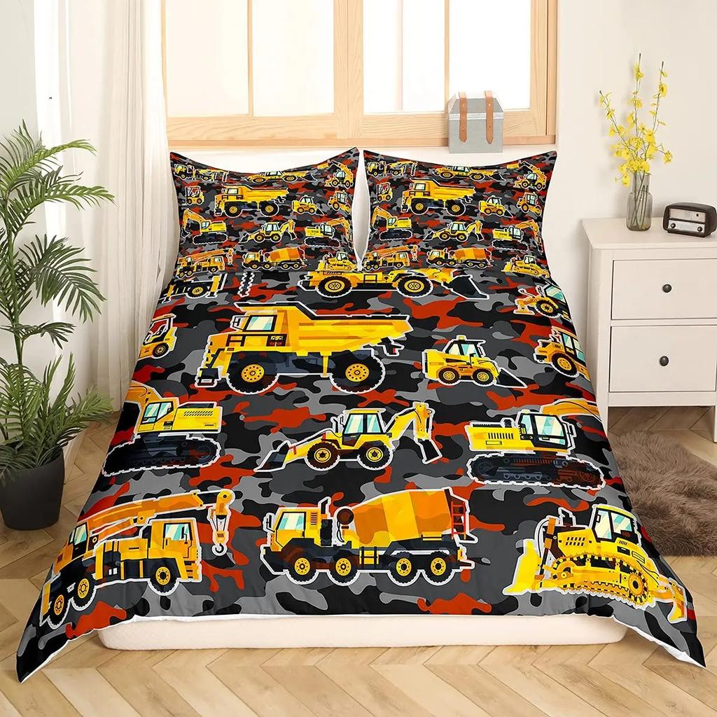 Construction Vehicles Truck Car Bedding Set Boys Excavator Duvet Cover Kids Cartoon Tractor Truck Soft Polyester Comforter Cover