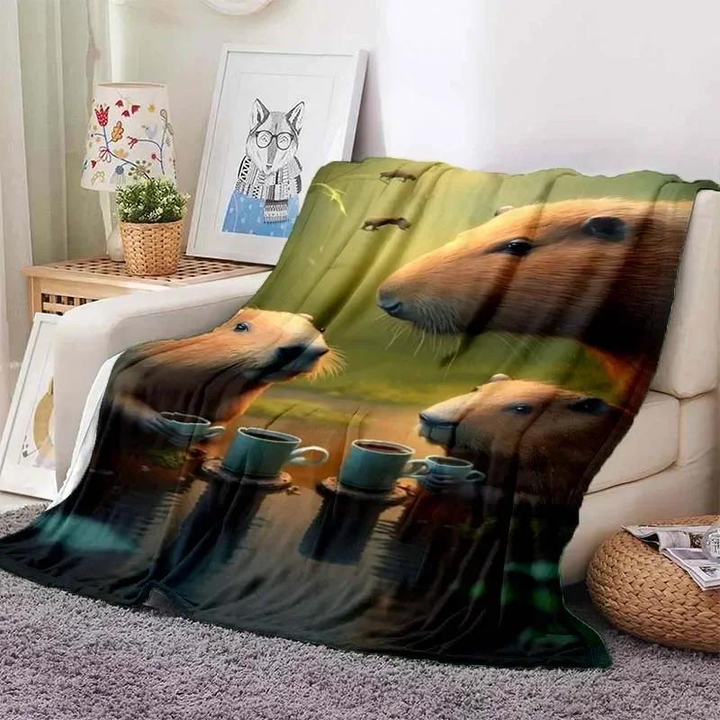 Kawaii The Capybara Club Home Cartoon Printed Blanket Picnic Blanket Warm Flannel Soft and Comfortable Home Travel Birthday Gift