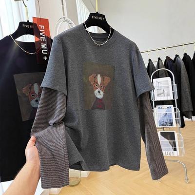 A Large-sized Early Autumn Youthful Printed Matte Striped Striped Long-sleeved Faux T-shirt for Women