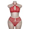 Sexy Lingerie Perspective Split Two-piece Fishing Net Hollow Neck Halter Iron Ring Bikini