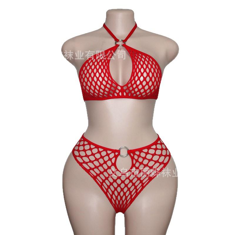 Sexy Lingerie Perspective Split Two-piece Fishing Net Hollow Neck Halter Iron Ring Bikini