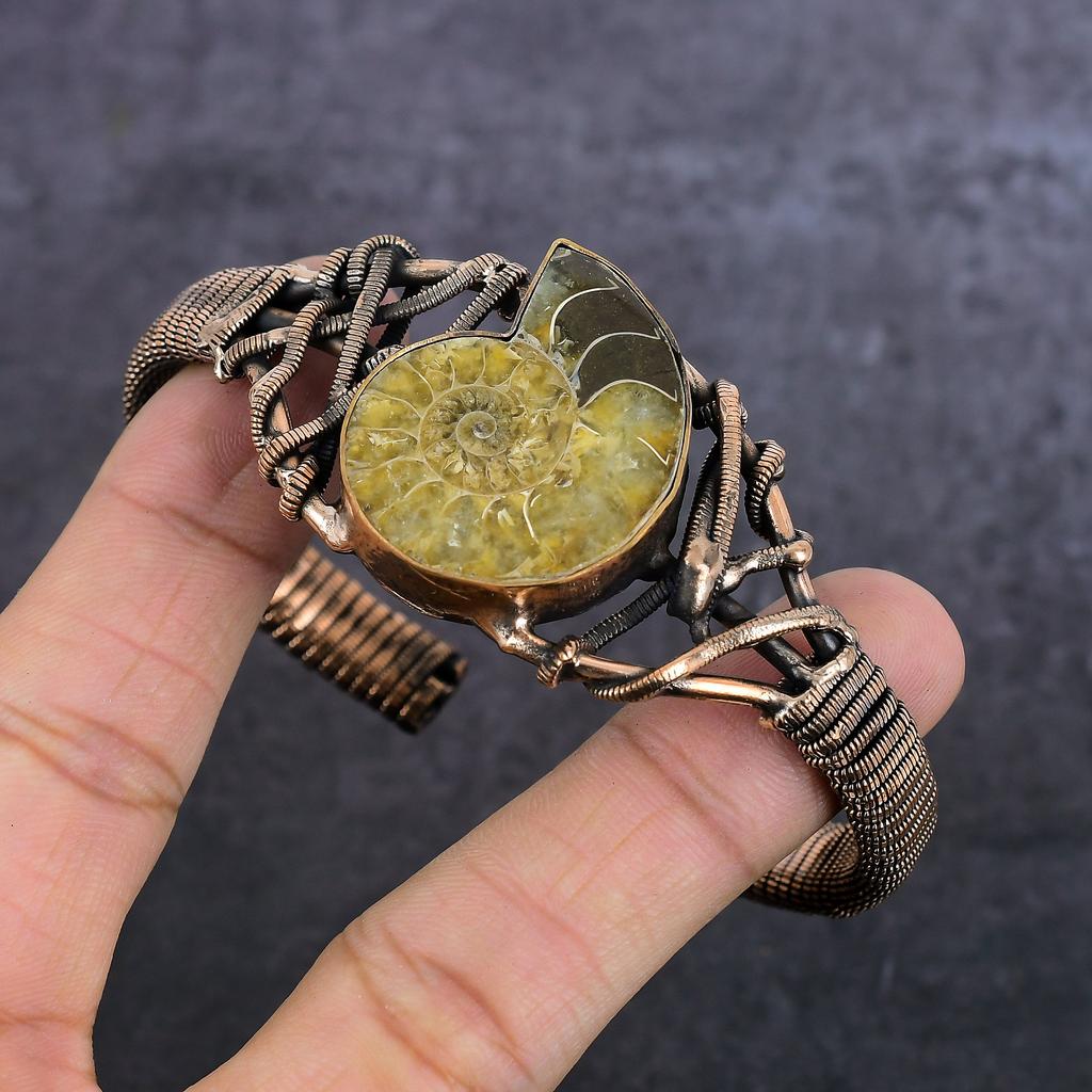 Natural Ammonite Fossil Gemstone Copper Wire Wrap Cuff Bangle Adjustable N9E39