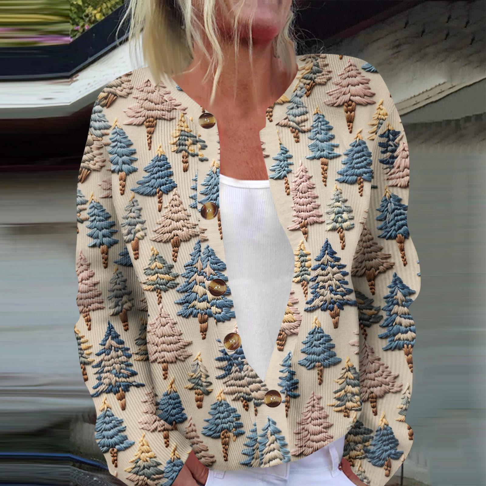 

Женская мода с длинным рукавом, рождественский принт «елка-снежинка», куртка, кардиган M бежевый