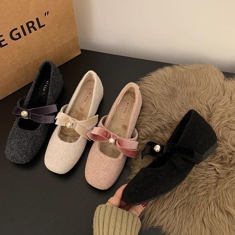 Inner Height Increase Pink Mary Jane Fluffy Shoes Women's Shoes 2025 Autumn and Winter Warm Cotton Shoes Bow Pearl Cotton Shoes