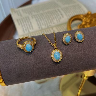 Vintage Sea Pattern Stone Pendant Necklace Set Women'S Niche Light Luxury Premium Blue Collarbone Chain Ring Stud Earrings