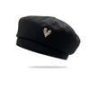 Love Metal Embellished Beret Solid Color Winter Octagonal Hat Outdoor Activities