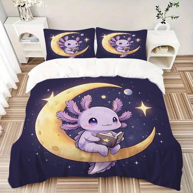3pcs Cute Cartoon Purple Axolotl Printed Quilt Set - Soft and Comfortable Quilt Cover for Bedroom, Guest Room and Dormitory Decorative Beddi