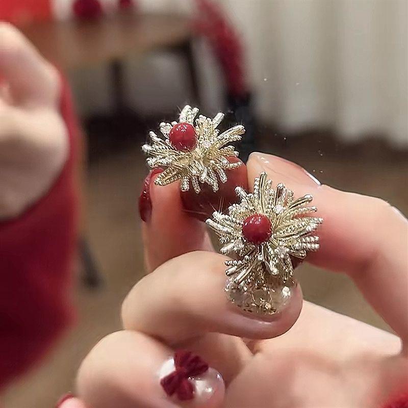 Autumn/Winter Ankara Red Pearl Firework Stud Earrings: High-End Two-Way Luxury Festive Earrings for Women