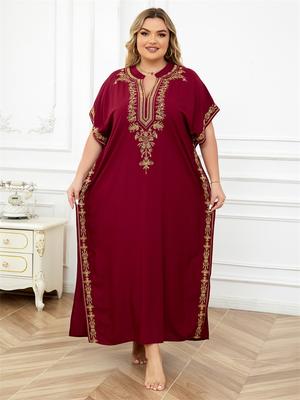 Bestickter roter Kaftan Damenmode Robe Boho V-Ausschnitt Fledermausärmel Strand Maxi Kleid Urlaub Gemütlicher Hausmantel