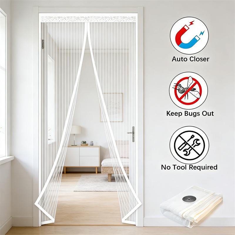 Magnetic Screen Door Mesh Curtain Mosquito Net Bug Hands Free Partition Mute Striped Door Curtain Bedroom Ventilation