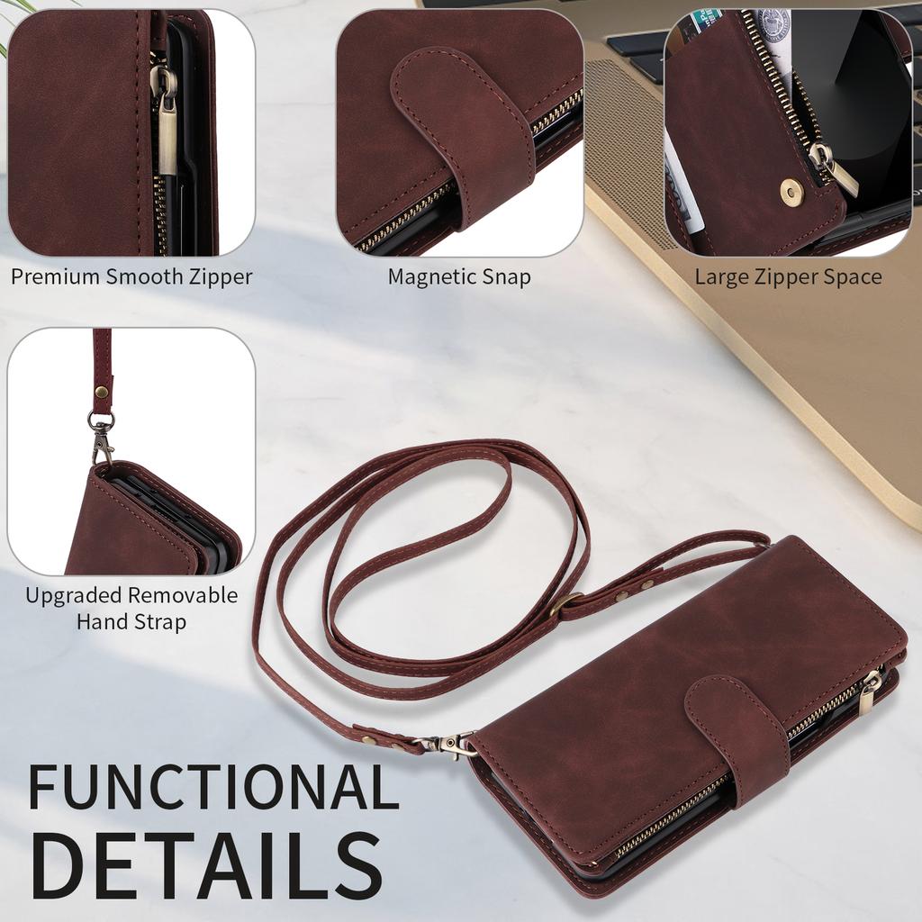 For Samsung Galaxy Z Fold6 5G Case Zipper Multi-Pocket Wallet Leather Phone Cover with Shoulder and Wrist Straps