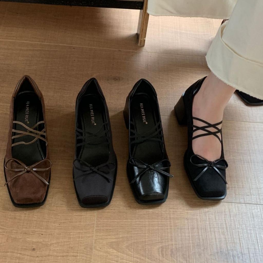 2025 French single shoes women's thick heels are beautiful and not tired of high heels ballet shoes retro bow Mary Jane shoes