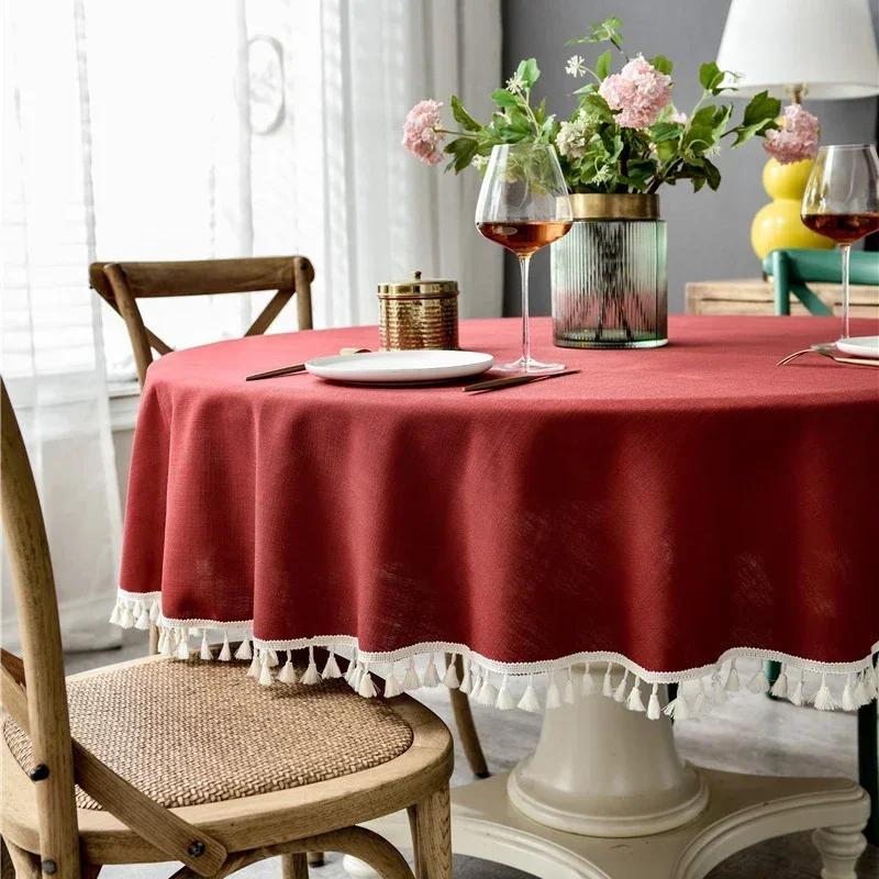 Tassels Tablecloth Waterproof Solid Color Table Cloth Round Cotton Linen Table Cover Dining Party Hotel Desk Case