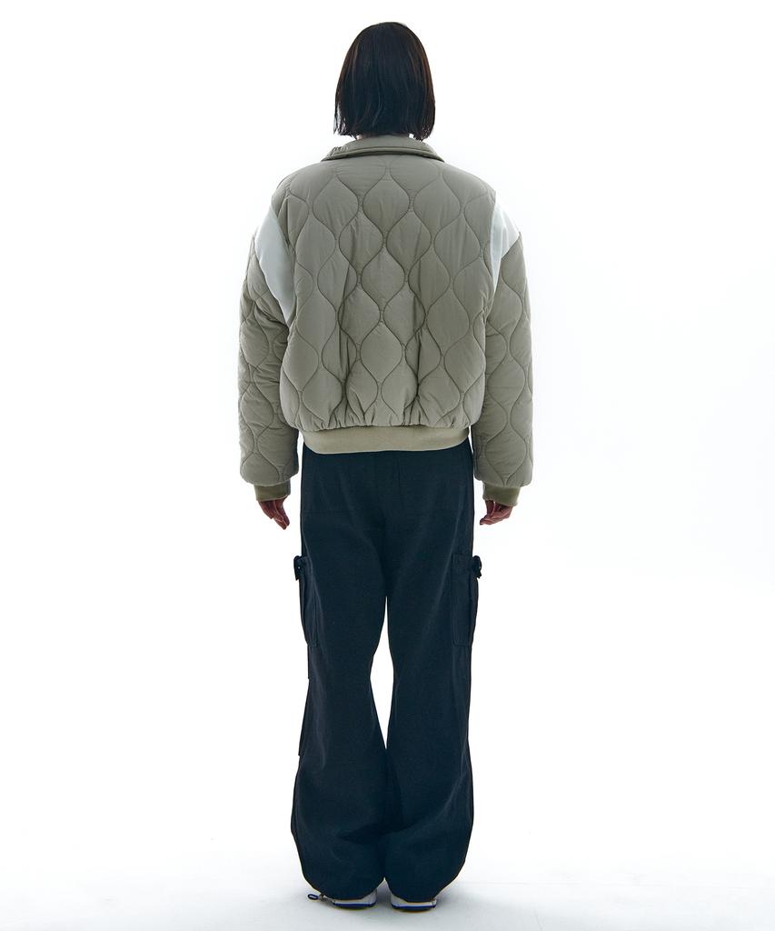 Place Studio Oversized Quilted Contrast Collar Varsity Jacket Padded Jumper [Beige]