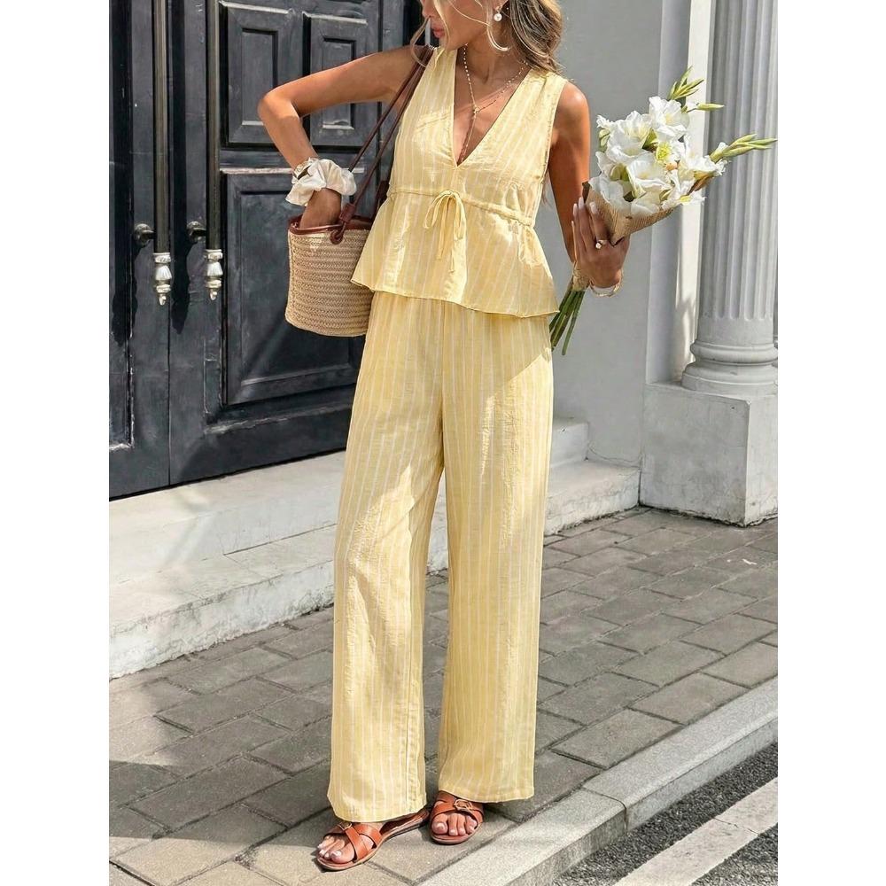 Ensemble 2 pièces élégant : Haut rayé sans manches à encolure en V et Pantalon large taille haute, Tenue décontractée d'été pour les vacances