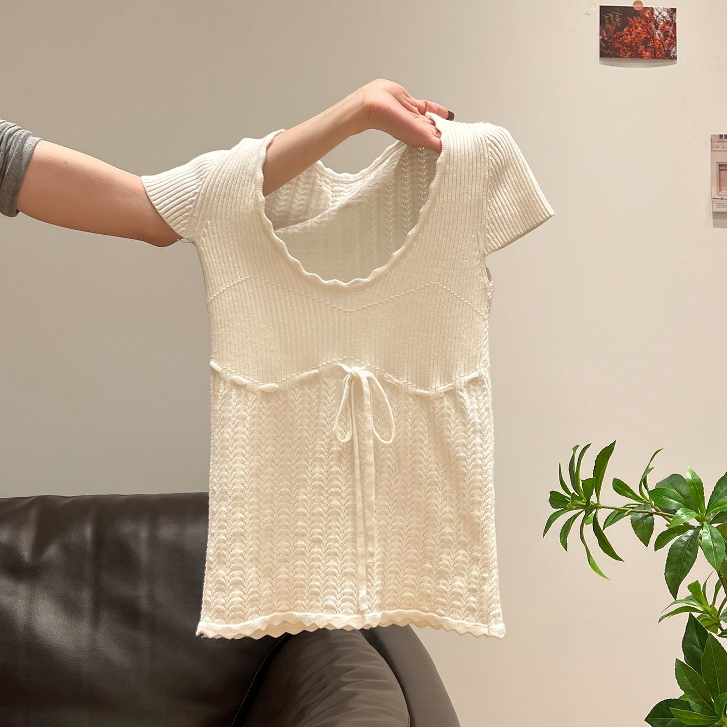 

Белый гриб край U-образный вырез открытая ключица короткий рукав футболка весна новый бант высококачественный облегающий топ женский One size fits all белый