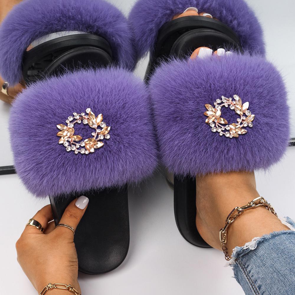 purple faux fur slides