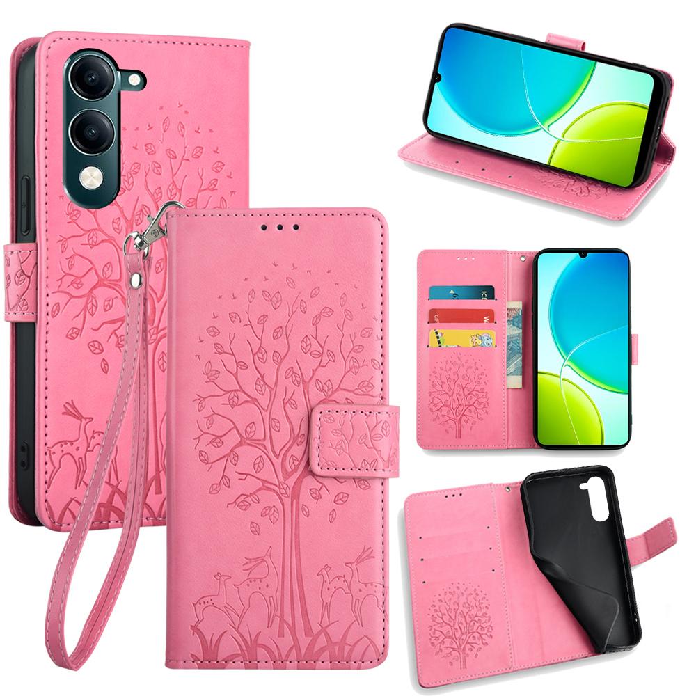 For Vivo Y29s 5G/Y04 4G Case PU Leather Wallet Phone Cover Tree Deer Imprinted