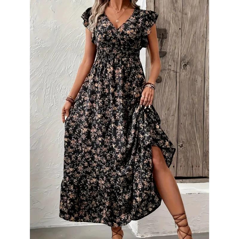 European and American women s clothing summer new fashion floral long-sleeved waist pendulum dress S