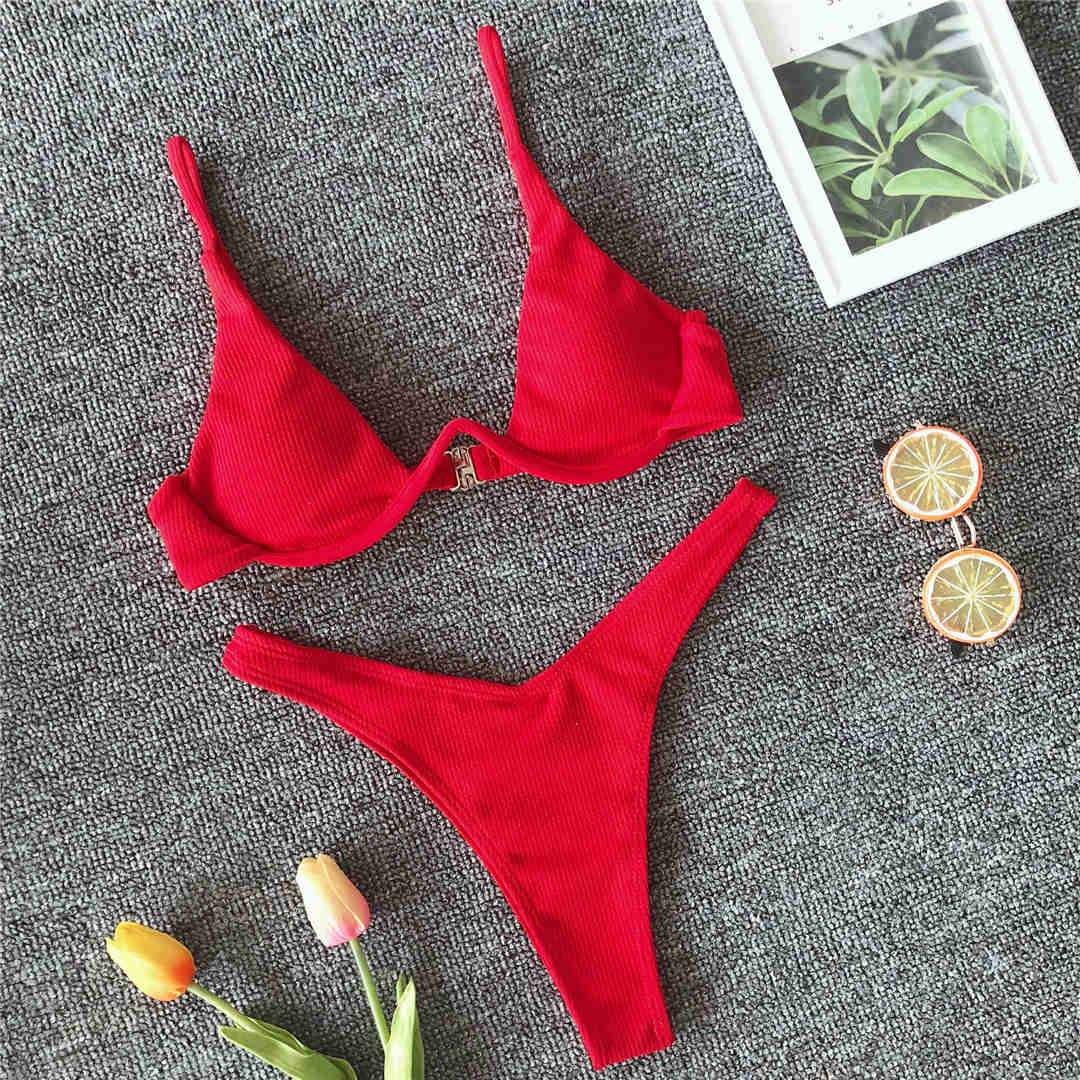 

V-образный бикини на косточках, женский купальник, женский купальник, комплект бикини V-образной формы, купальный костюм в рубчик L красный