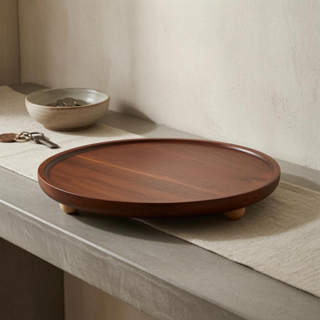 Round Acacia Tray Shallow Rim Wooden Serving Raised Feet for Entryway