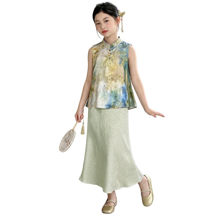 Girls' Summer 2026 Chinese Style Sleeveless Qipao Top and Mermaid Skirt Two-Piece Set
