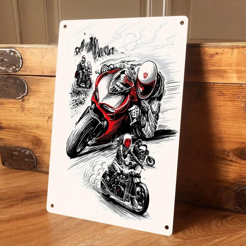 

1 piece of retro motorcycle illustration tinplate decorative painting for living room and bedroom wall decoration, home furnishi (as the picture,20x30cm)