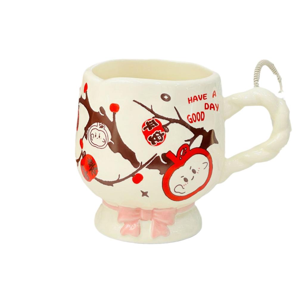 Large Capacity Water Cup Student Cup Cute Bow High Legged Ceramic Cup with Lid Mug High Appearance
