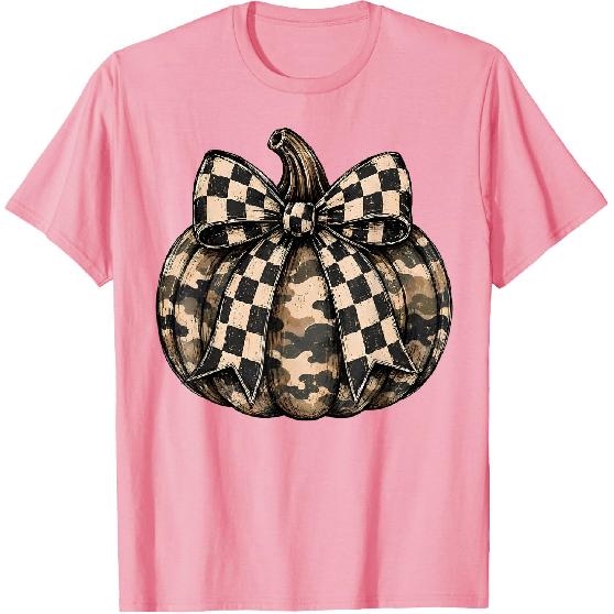 Camo Pumpkin with Checkered Bow Cute Fall Halloween Season T-Shirt