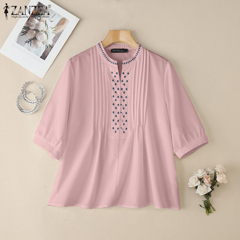 ZANZEA Women Casual Round Neck Loose Half Sleeve Geometric Embroidery Blouse