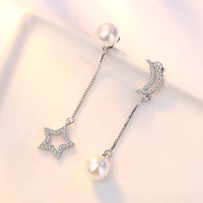 Star Bright Earrings Fashion Korean Version Jewelry Pearl Star Moon Earrings Slightly Inlaid Zircon Sweet Lady Earrings