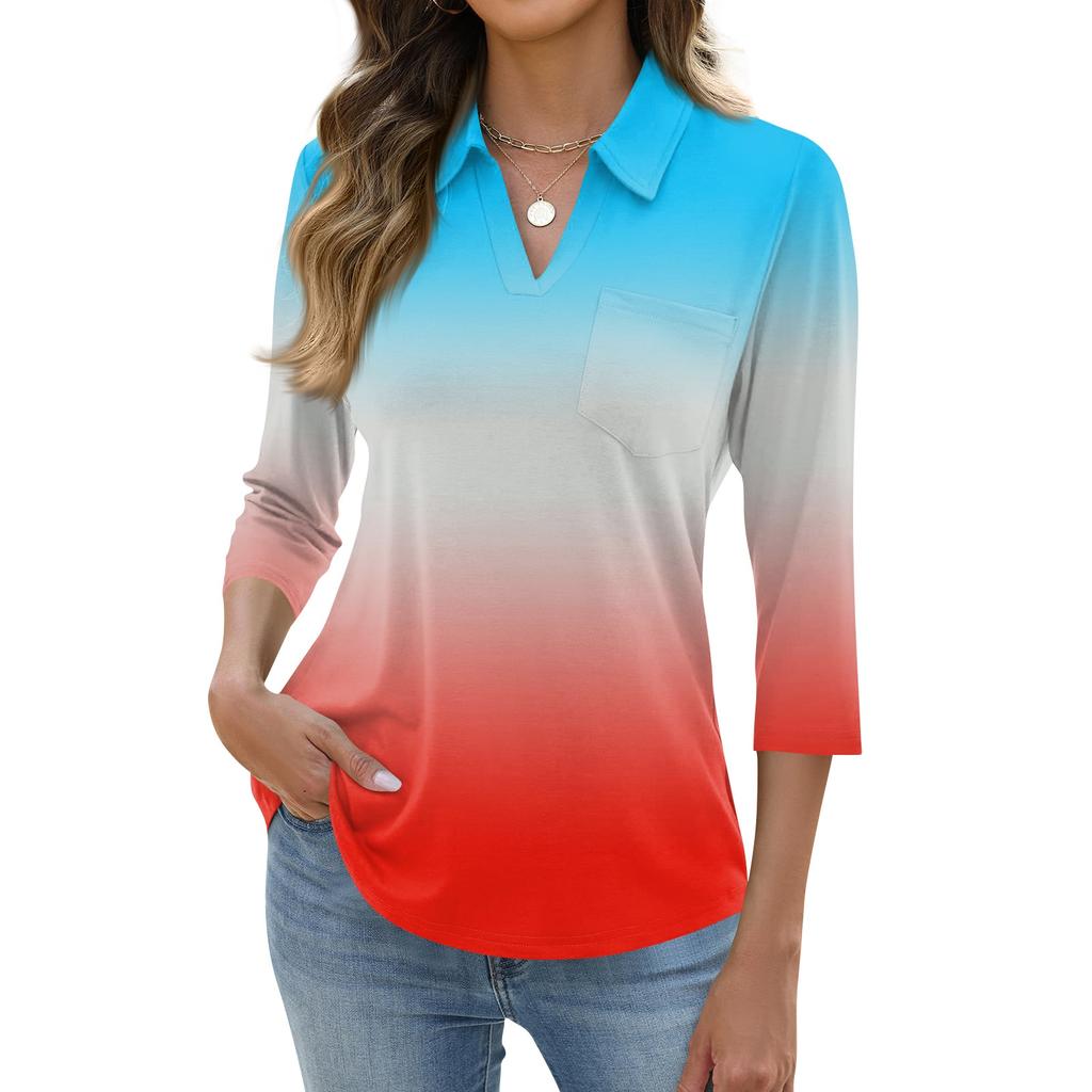 Damen Mode Lässig Revers Kurz 3/4 Ärmel Print Hemd Damen Oberteile