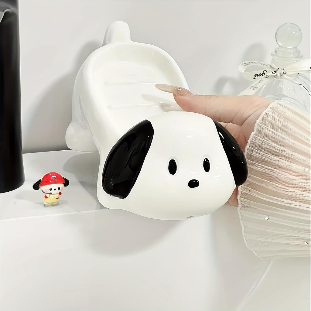 Cute Black White Dog Ceramic Soap Dish, Heart Cutout Draining Oval Soap Holder for Bathroom Kitchen Counter Decor