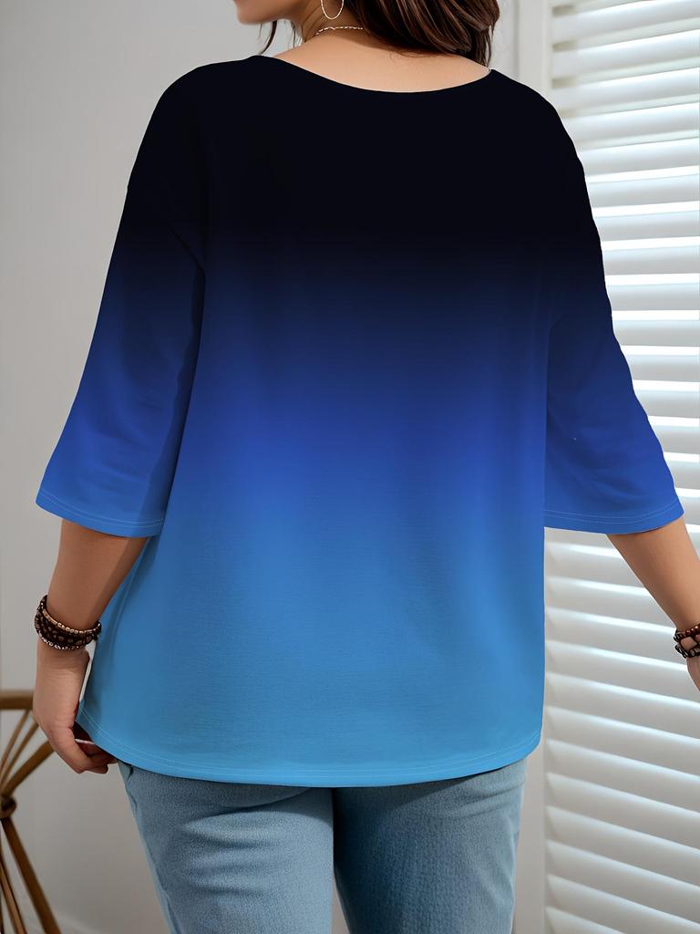 2025 Women's Printed Gradient Three-Quarter Sleeve Casual Top - European, American, Japanese, Korean Fashion Styles