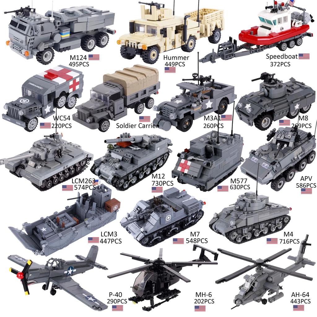 WK2 US Hauptkampfpanzer M26 M12 gepanzertes Fahrzeug Militärisches Sanitätsfahrzeug Schnellboot Kriegsszene Kofferträger Ziegel Spielzeug Jungen Geschenk