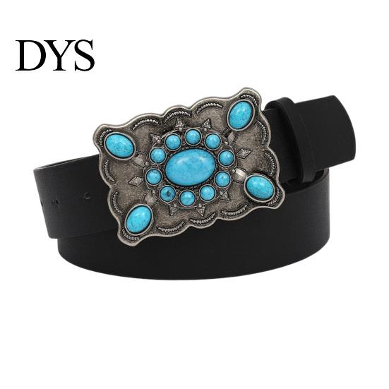 Kék Türkiz Övcsat Western Retro Design Patinázott Ezüst Műbőr Széles Navajo Etnikai Stílusú Öv