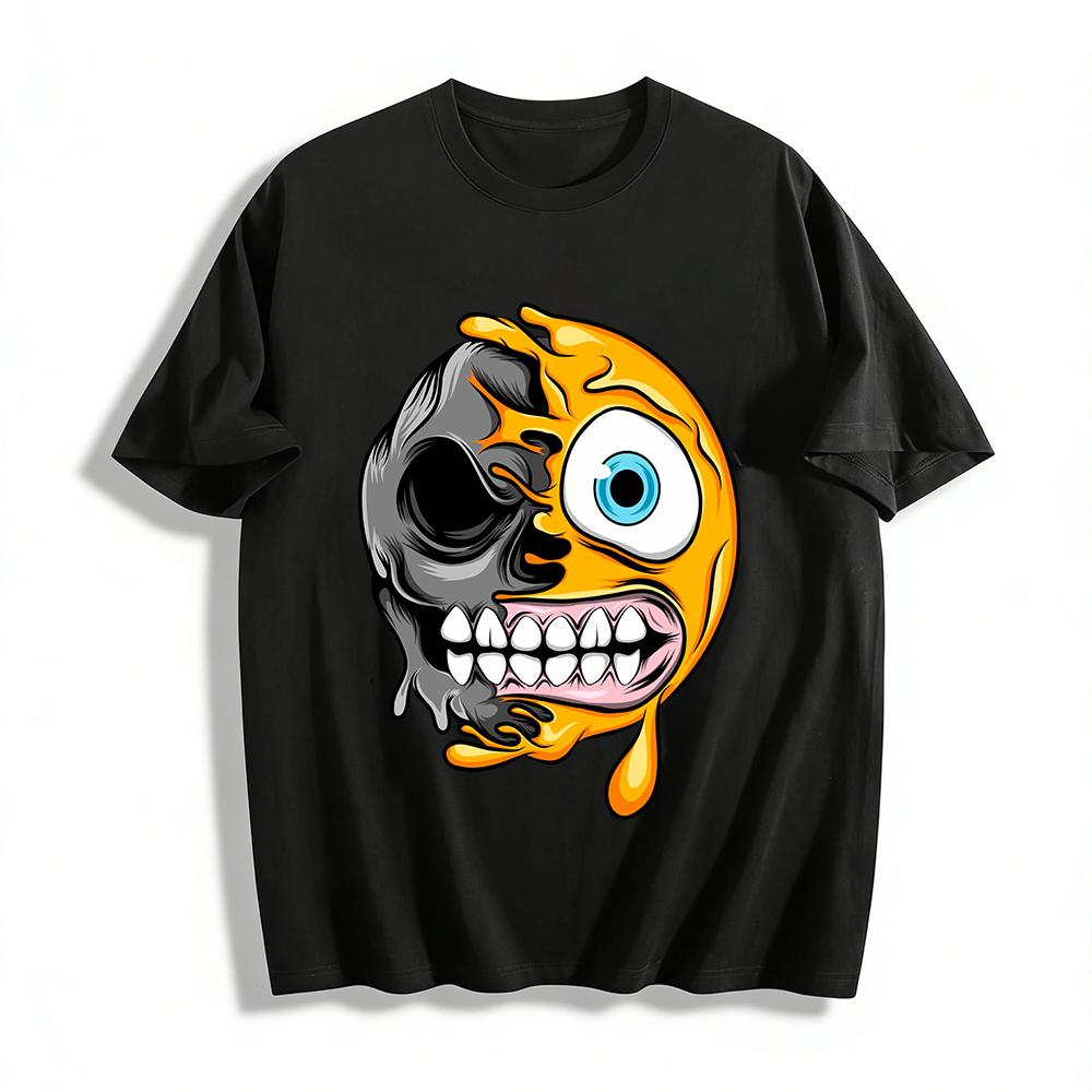 Melting Emoji Skull Graphic Print Casual Short Sleeve T-Shirt Pure cotton T-shirt XXS