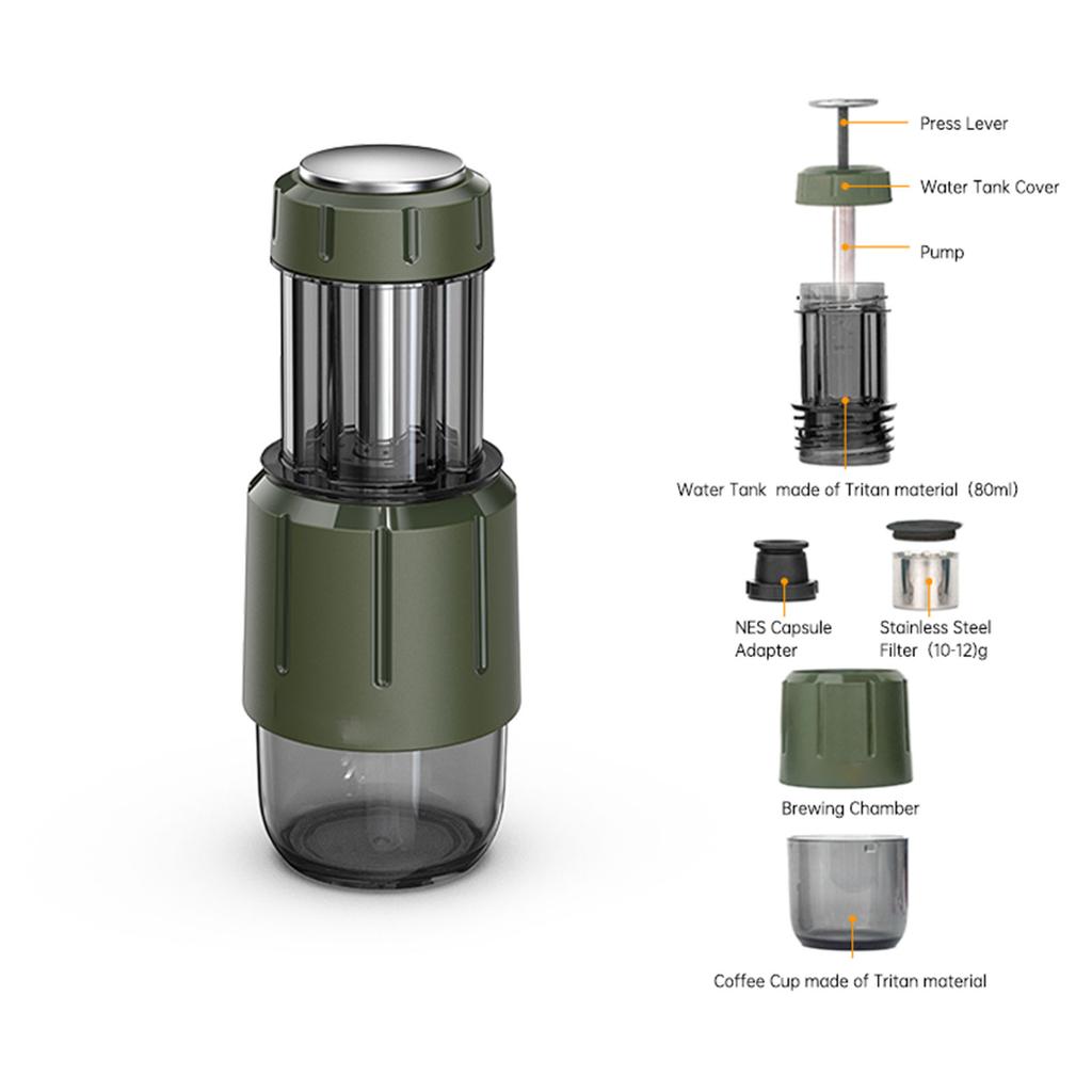 HiBREW Manuální kávovar Přenosný kávovar na kapsle Duální kompatibilita s kapslemi a mletou kávou Tlak 8 15 barů