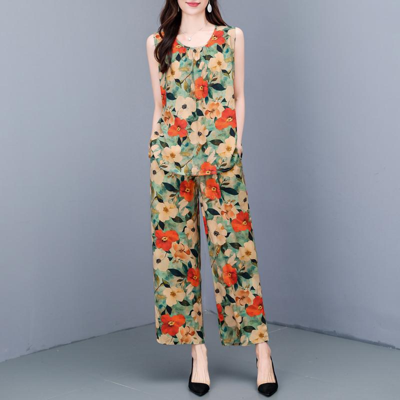 Summer Two Piece Set for Women Clothes Sleeveless Plus Size Elegant Casual Pants Sets