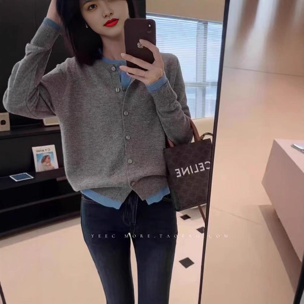Korean Style 100% Wool Color Block Women's Layered Knit Cardigan – High-End Lazy Style Round Neck Sweater.