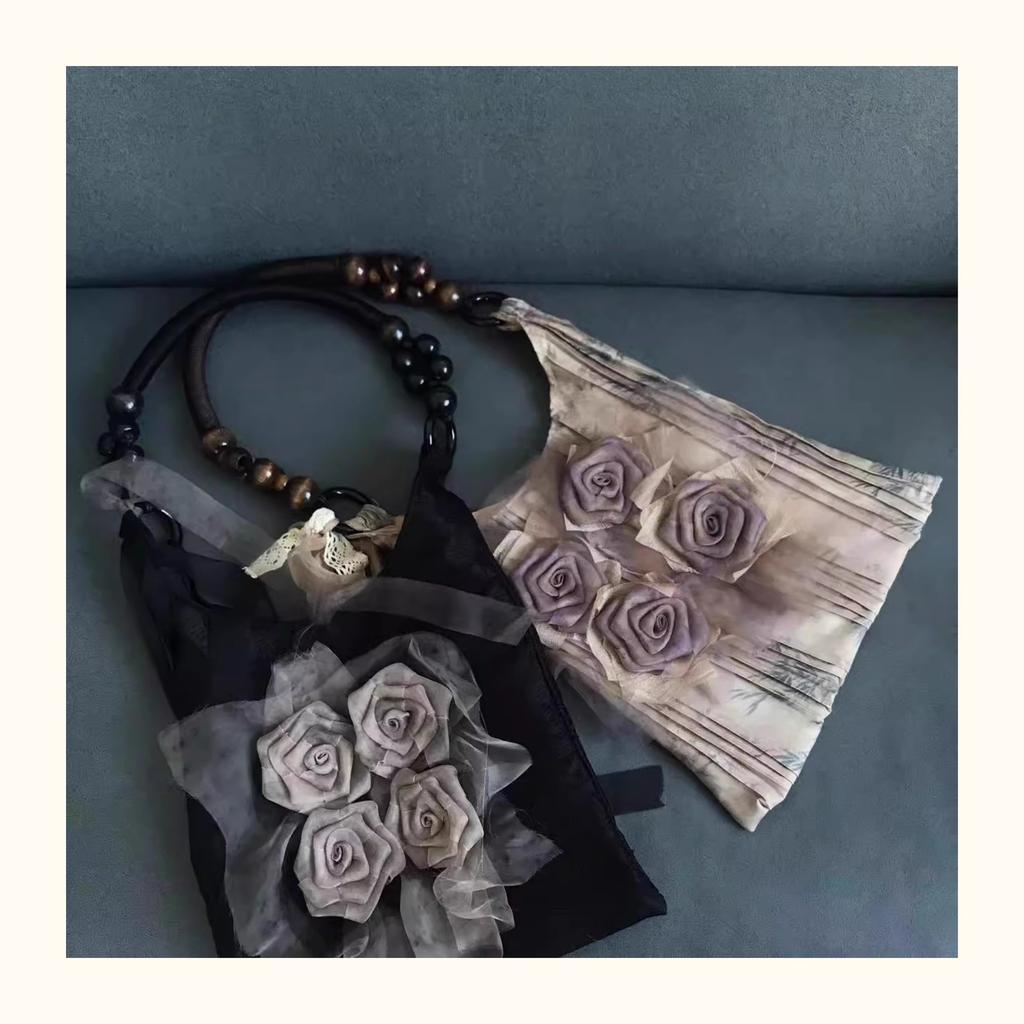 Chinese Style, Wood and Grass Dyeing, Rose Blossom Bag, Pleated Design, Underarm Commuting Bag, Large Capacity, Tote Bag, Single Shoulder Handbag