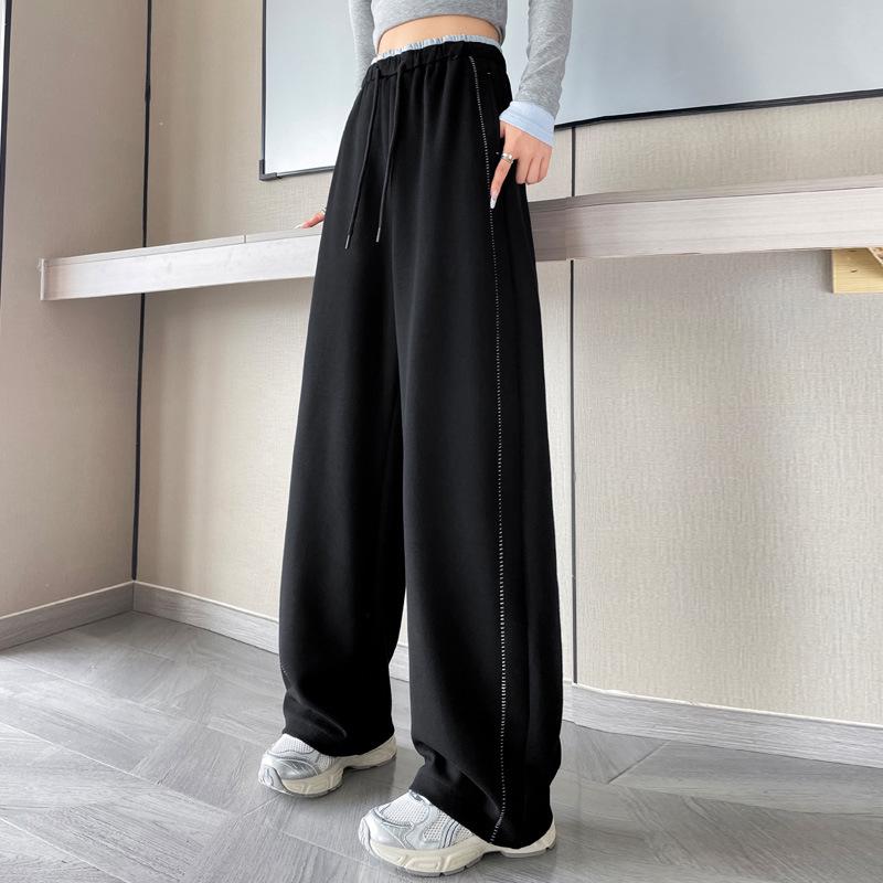 Women's Autumn 2025 Dark Blue High-Waisted Floor-Length Wide-Leg Trousers: Slimming Drape Style, Casual Fit (Model 23276)