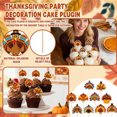 Türkei Cupcake Topper Thanksgiving Lebensmittelspieße Kuchen Dekorationen für Thanksgiving Party Kuchen Dekoration, 10 Stück