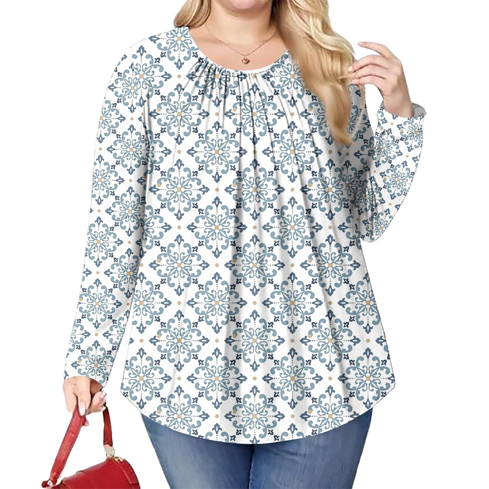 

Women s Plus Size Fashion Printed Casual Pleated Round Neck Long Sleeve Top XXXXL