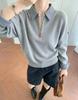 Women's Autumn Half-Zip Knit Sweater with Cross-Stripe Collar and Layered Look