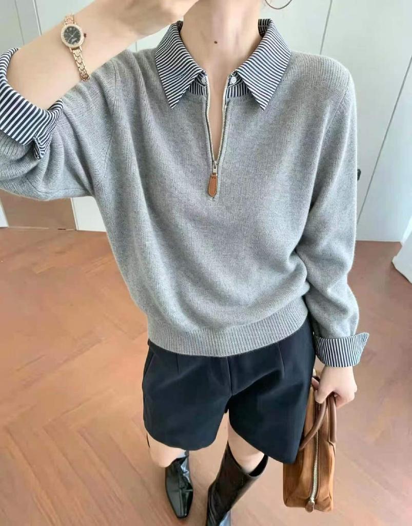 Women's Autumn Half-Zip Knit Sweater with Cross-Stripe Collar and Layered Look