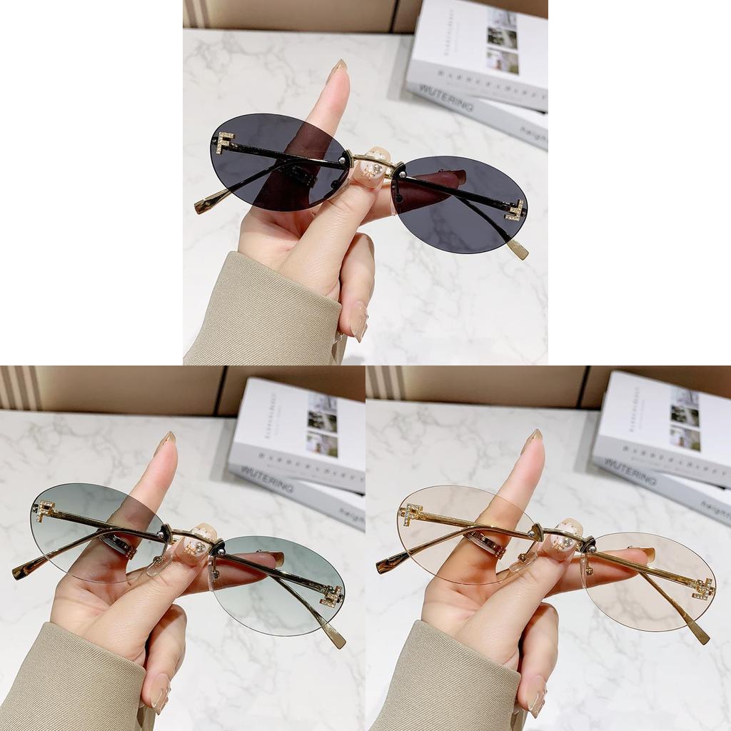 New Letter F Frameless Sunglasses With Rhinestone Elliptical Frame Uv400 For Fashion Outings