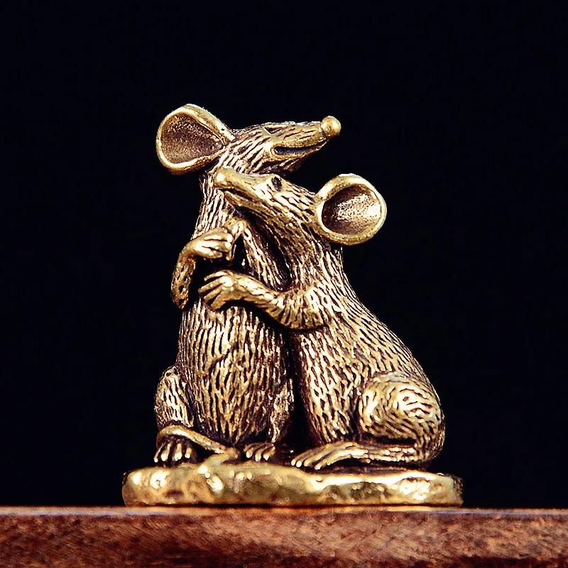 Brass Lover Mouse Small Statue Desktop Decorations Vintage Animal Rat Miniatures Figurines Home Decor Ornaments Crafts Tea Pets